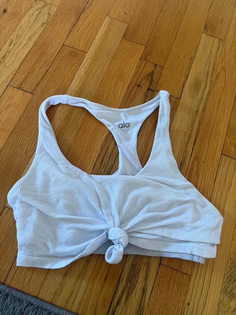 ALO Yoga White Ribbed Knot-Front Bralette